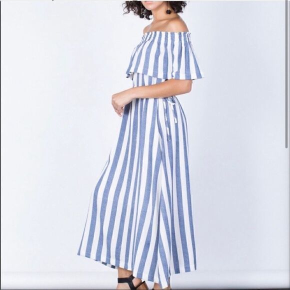 Ark & Co Womens Blue//White Striped Off Shoulder Smocked Maxi Dress Medium - Picture 1 of 11